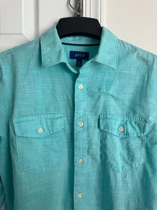 Apt. 9 Men’s Medium Aqua Turquoise Cotton Long Sleeve Button Down Shirt EUC - Picture 2 of 10